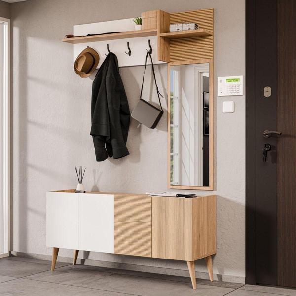 Mezza 5061 Theo 4 Kapaklı 6 Raflı 4 Askılı Sağ Aynalı Portmanto Sepet Beyaz Yunus - Image 1