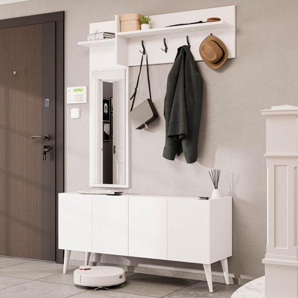 Mezza 5064 Theo 4 Kapaklı 6 Raflı 4 Askılı Sol Aynalı Portmanto Beyaz - Image 1