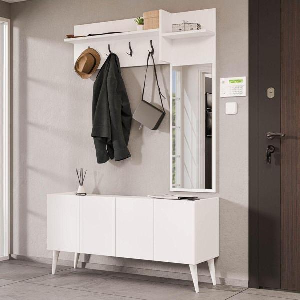 Mezza 5065 Theo 4 Kapaklı 6 Raflı 4 Askılı Sağ Aynalı Portmanto Beyaz - Image 1