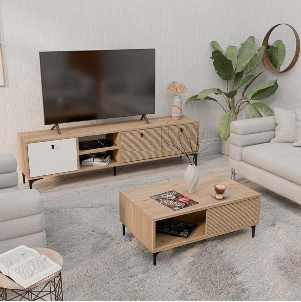 Mezza Set 1366-2092 Vision Tv Ünitesi - Orta Sehpa Seti Sepet - Yunus - Beyaz - Image 1