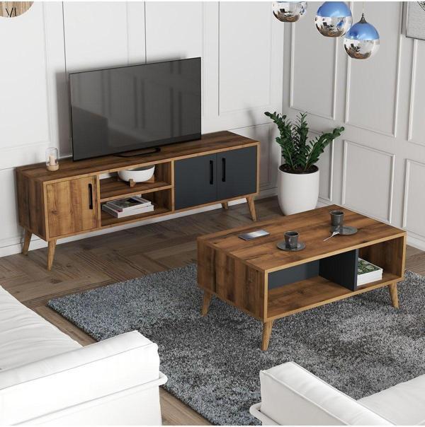 Mezza Set 1580-2070 Exxen 150 Cm (Ahşap Ayaklı) Tv Ünitesi Orta Sehpa Seti Hat Antrasit - Image 1