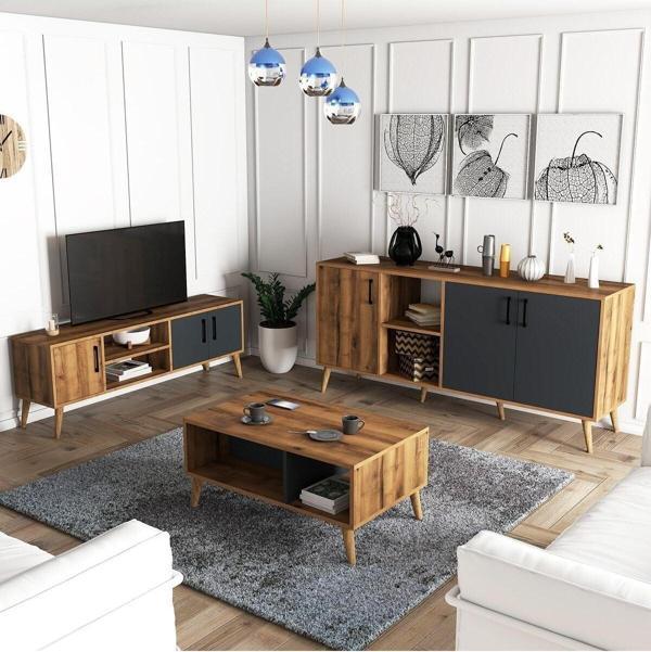 Mezza Set 1580-2070-1620 Exxen (Ahşap Ayaklı) Tv Ünitesi - Orta Sehpa - Konsol Seti Hat - Antrasit - Image 1