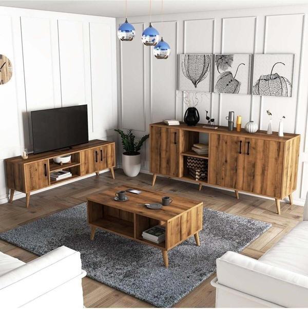 Mezza Set 1582-2072-1622 Exxen (Ahşap Ayaklı) Tv Ünitesi - Orta Sehpa - Konsol Seti Hat Rengi - Image 1