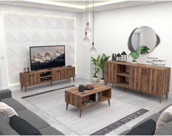 Mezza Set 1583-2072-1622 Exxen (Ahşap Ayaklı) Tv Ünitesi - Orta Sehpa - Konsol Seti Hat Rengi - Image 1
