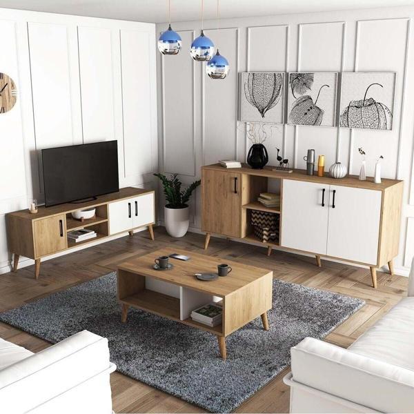 Mezza Set 1584-2074-1624 Exxen (Ahşap Ayaklı) Tv Ünitesi - Orta Sehpa - Konsol Seti Sepet - Beyaz - Image 1