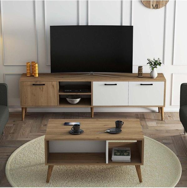 Mezza Set 1585-2074 Exxen 180 Cm Tv Ünitesi Exxen Orta Sehpa (Ahşap Ayaklı) - Sepet-Beyaz Rengi - Image 1