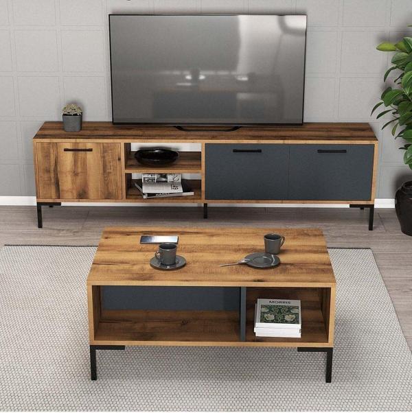 Mezza Set 1590-2080 Aurora 180 Cm Metal Ayaklı Tv Ünitesi + Aurora Orta Sehpa - Hat-Antrasit Rengi - Image 1