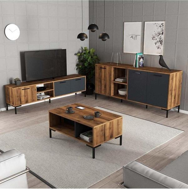 Mezza Set 1590-2080-1630 Aurora (Metal Ayaklı) Tv Ünitesi - Orta Sehpa - Konsol Seti Hat - Antrasit - Image 1