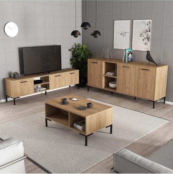 Mezza Set 1596-2086-1636 Aurora (Metal Ayaklı) Tv Ünitesi - Orta Sehpa - Konsol Seti Sepet Rengi - Image 1