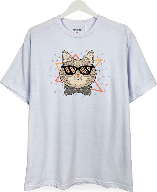 Cool Kedi Baskılı Loose Fit Bisiklet Yaka Unisex Tişört - Image 1