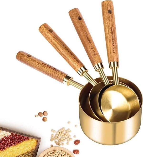 Valkyrie 4 Adet Büyük Boy Paslanmaz Çelik Ahşap Saplı Ölçü Kaşığı Seti Ölçü Kabı 60ml 80ml 125ml 250ml - Image 1