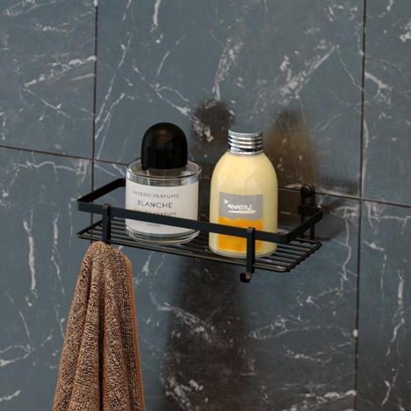 Geseus Tek Katlı Kancalı Banyo Rafı Mat Siyah ES081H - Image 1