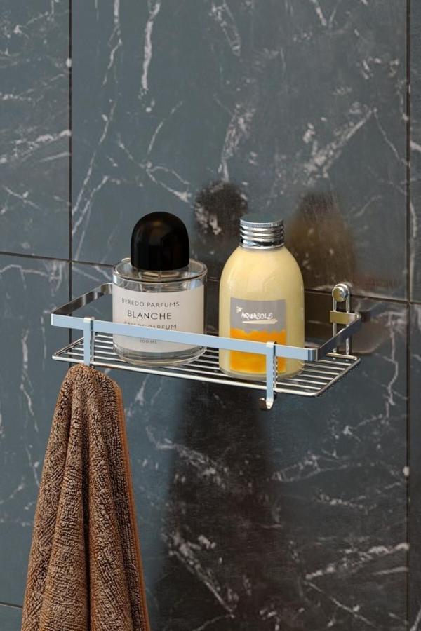 Geseus Tek Katlı Kancalı Banyo Rafı Krom ES081 - Image 1