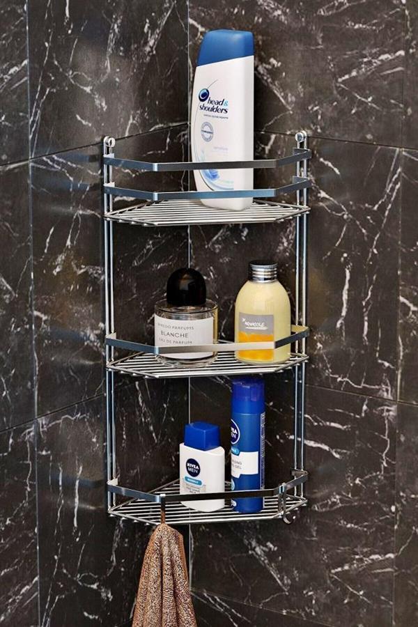 Geseus Üç Katlı Kancalı Banyo Köşe Rafı Krom  ES076 KRM - Image 1