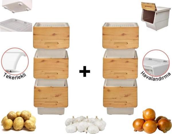 Motek Patateslik Soğanlık Sepeti Oyuncak Kutusu Tekerlekli Organızer Çok Amaçlı Kutu 6X12Lt-Bambu+Krem - Image 1