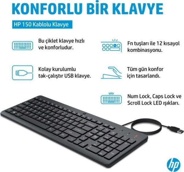 HP 150 664R5AA Siyah Kablolu Klavye Number Lock,Caps Lock ve Scroll Lock Göstergeleri - Image 1