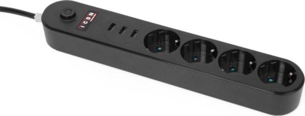 Icon Akım Korumalı 4'Lü Priz 3 Port Usb Çoklu Grup Priz 2 Metre Kablo 10A - Siyah - Image 1