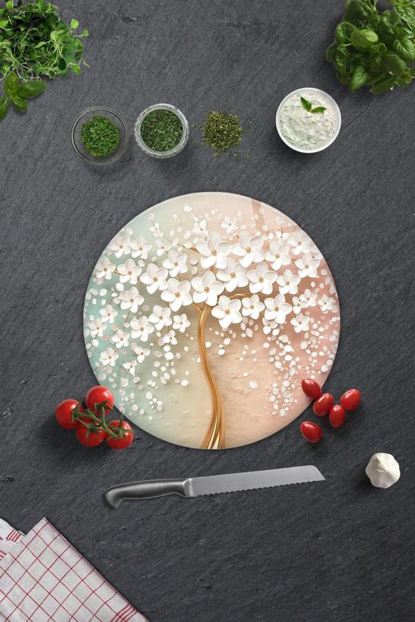 Cam Kesme Tablası - Cam Kesme Tahtası | Beyaz Çiçek - Renkli | Çap32cm - Image 1