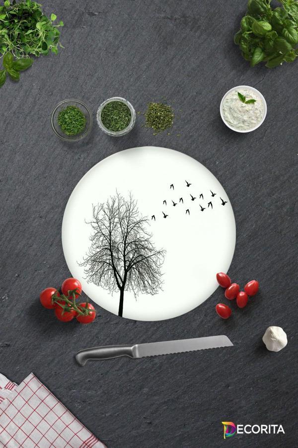 Cam Kesme Tahtası - Cam Kesme Tablası | Ağaç ve Kuş Desenli | Çap32cm - Image 1