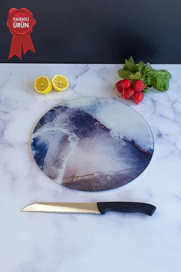 Cam Kesme Tahtası - Cam Kesme Tablası | Buzlu Cam - Ocean | Çap32cm - Image 1