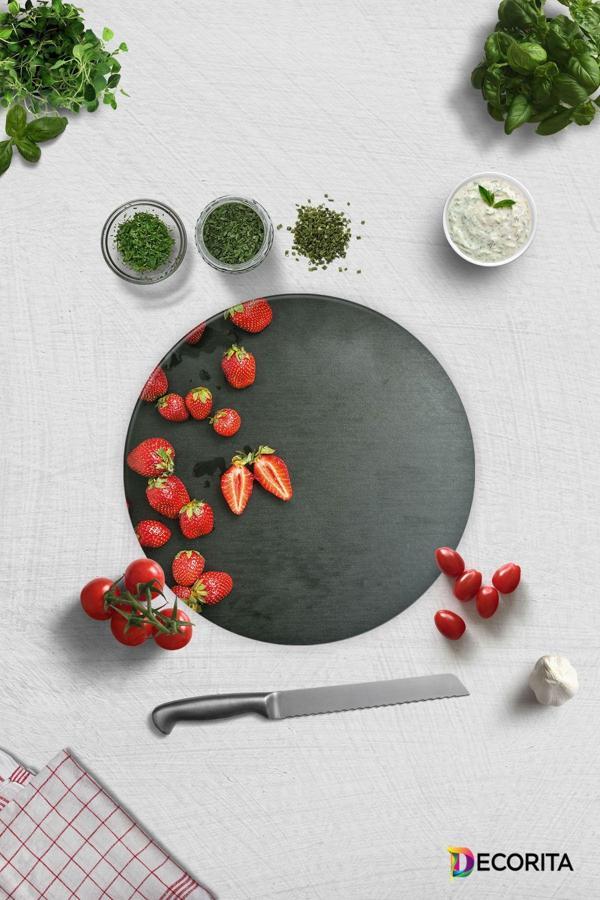 Cam Kesme Tahtası - Cam Kesme Tablası | Çilek Desen | Çap32cm - Image 1