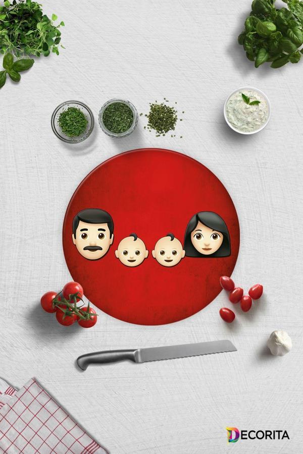 Cam Kesme Tahtası - Cam Kesme Tablası | Emoji Ailesi | Anne & Baba & Çocuk | Çap32cm - Image 1