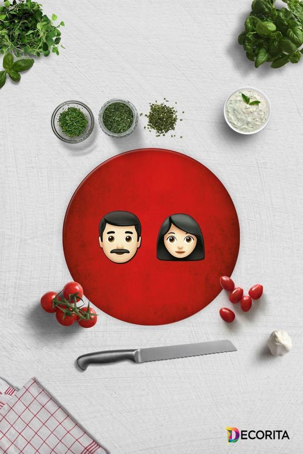 Cam Kesme Tahtası - Cam Kesme Tablası | Emoji Ailesi Kadın & Erkek | Çap32cm - Image 1