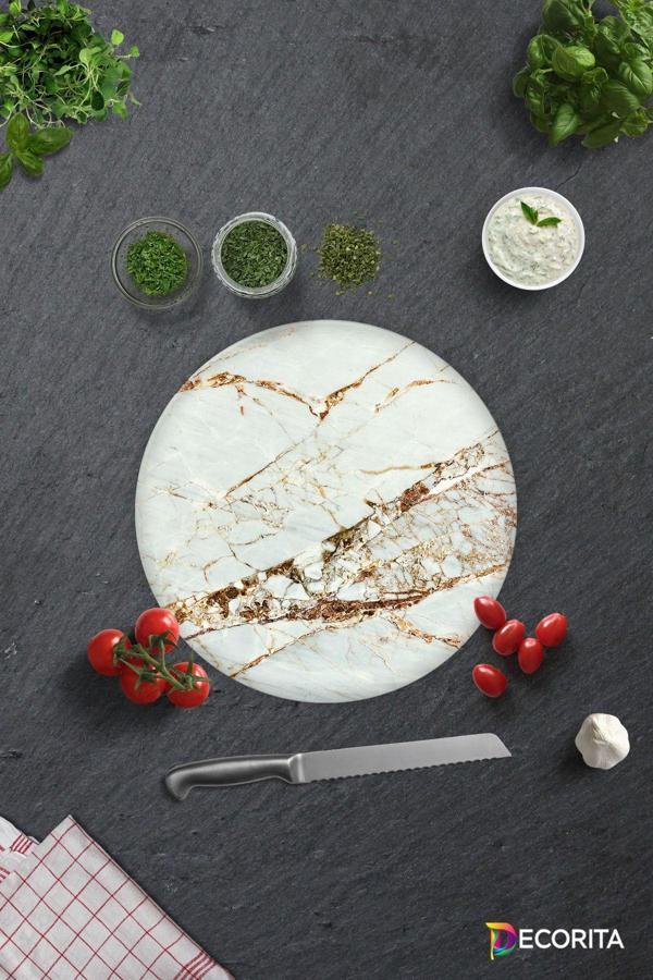 Cam Kesme Tahtası - Cam Kesme Tablası | Gold Detaylı Beyaz Mermer Görünümlü | Çap32cm - Image 1