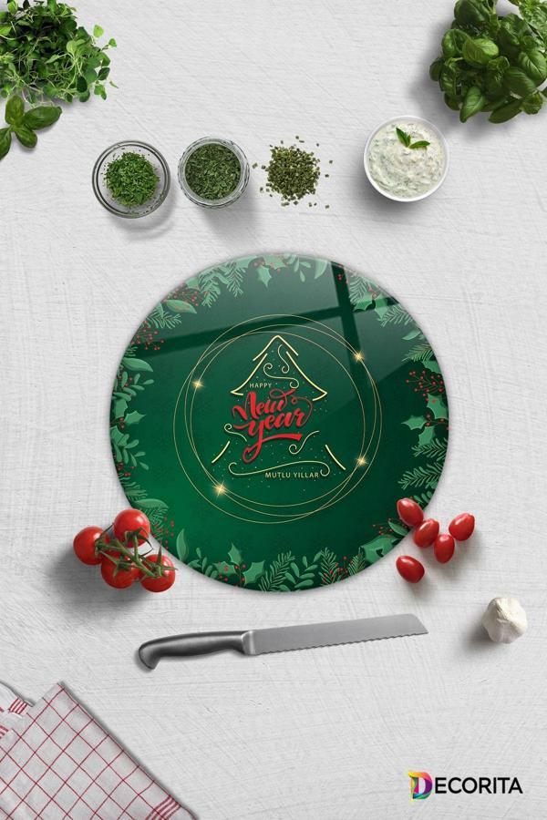 Cam Kesme Tahtası - Cam Kesme Tablası | Happy New Year - Yeşil | Çap32cm - Image 1