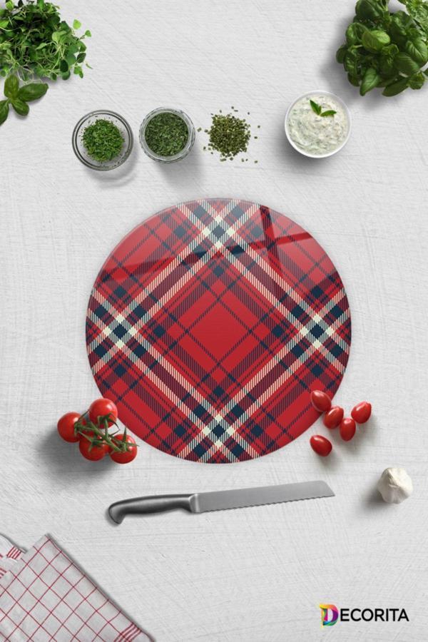Cam Kesme Tahtası - Cam Kesme Tablası | Kırmızı-beyaz Ekose Desen | Çap32cm - Image 1