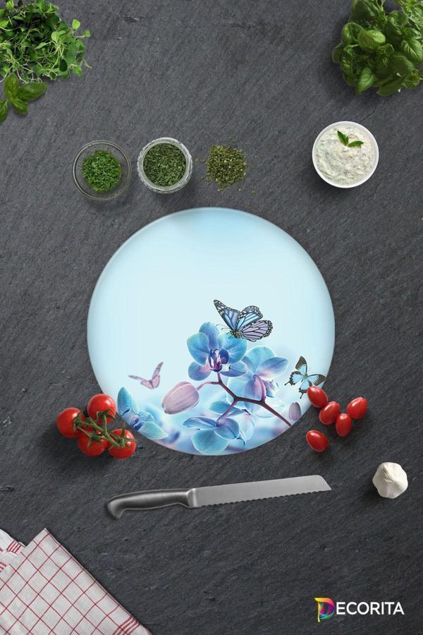 Cam Kesme Tahtası - Cam Kesme Tablası | Mavi Çiçek ve Kelebek Desenli | Çap32cm - Image 1