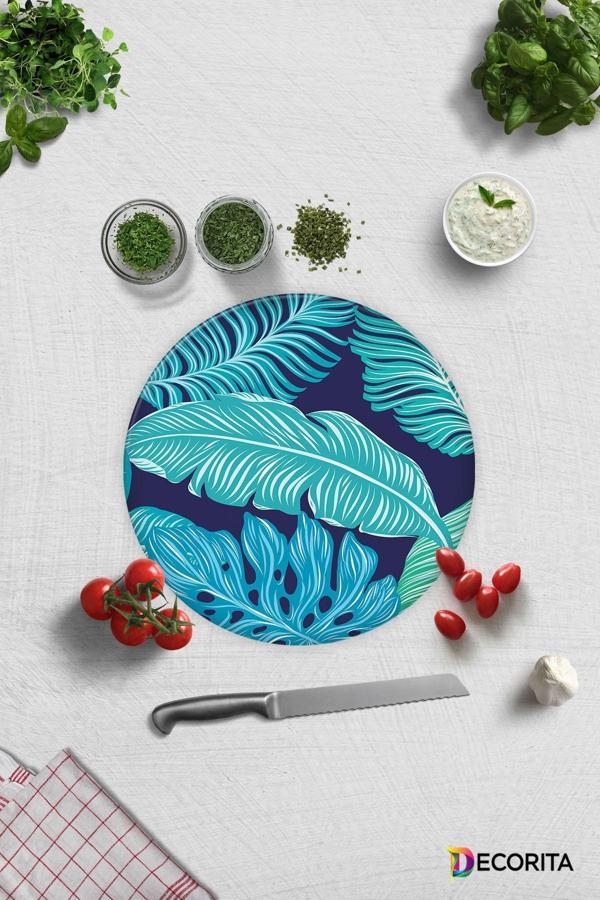 Cam Kesme Tahtası - Cam Kesme Tablası | Mavi Tropik Yapraklar | Çap32cm - Image 1