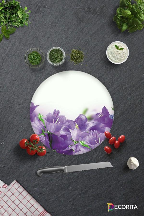 Cam Kesme Tahtası - Cam Kesme Tablası | Mor Çiçek Desenli | Çap32cm - Image 1