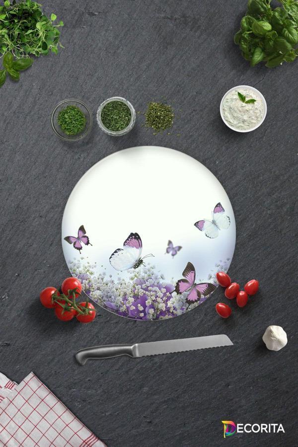 Cam Kesme Tahtası - Cam Kesme Tablası | Mor Çiçek ve Kelebekler | Çap32cm - Image 1