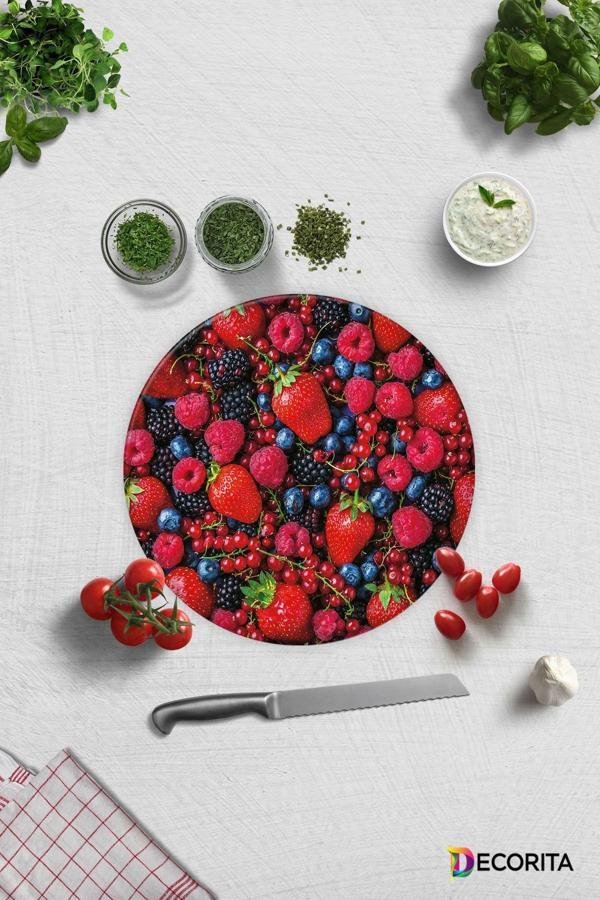 Cam Kesme Tahtası - Cam Kesme Tablası | Mor ve Kırmızı Meyveler | Çap32cm - Image 1