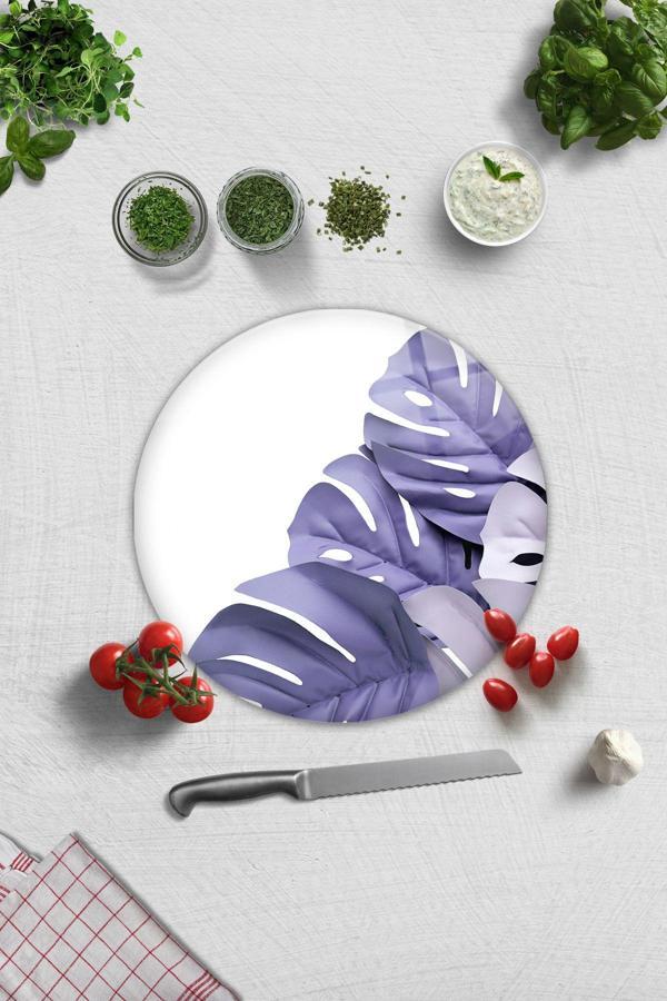 Cam Kesme Tahtası - Cam Kesme Tablası | Mor Yapraklar Beyaz Fon | Çap32cm - Image 1