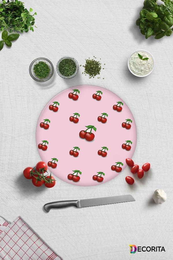 Cam Kesme Tahtası - Cam Kesme Tablası | Pembe Dokulu Kiraz Desenli | Çap32cm - Image 1