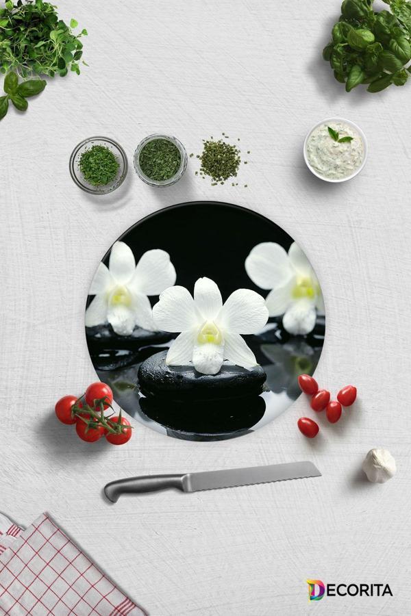 Cam Kesme Tahtası - Cam Kesme Tablası | Taş Üzeri 3'lü Orkide | Çap32cm - Image 1