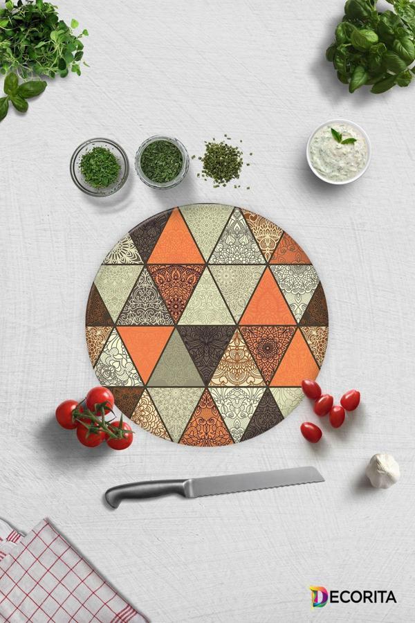 Cam Kesme Tahtası - Cam Kesme Tablası | Toprak Tonları Mandala Desen | Çap32cm - Image 1