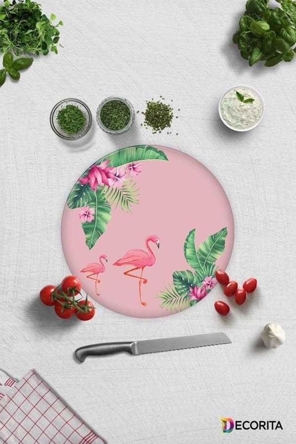 Cam Kesme Tahtası - Cam Kesme Tablası | Tropik Yapraklar & Flamingo | Çap32cm - Image 1