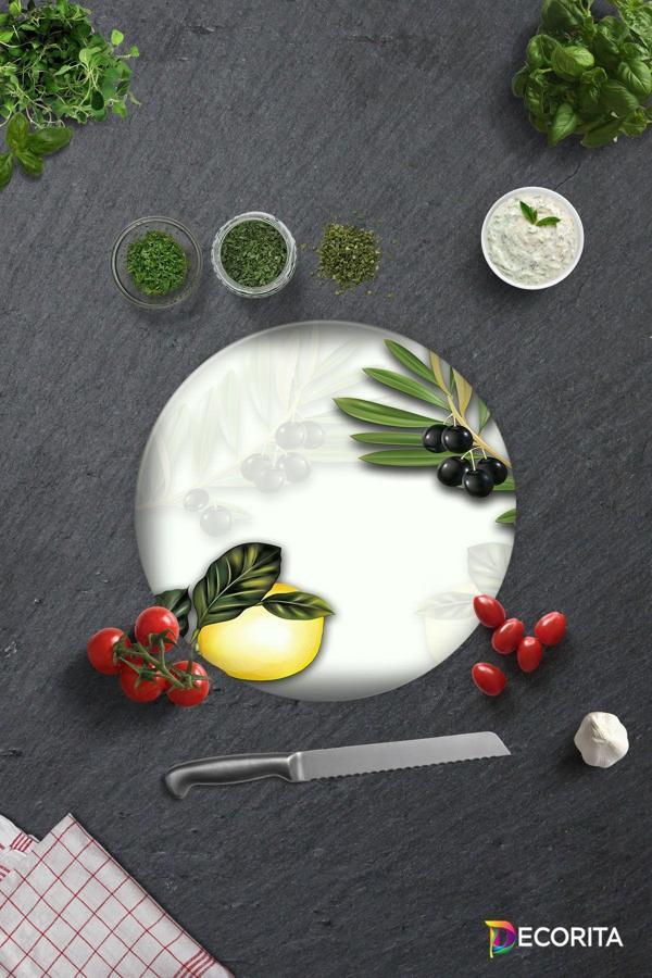 Cam Kesme Tahtası - Cam Kesme Tablası | Zeytin ve Limon Desen | Çap32cm - Image 1