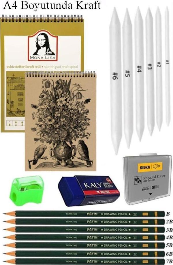 A4 Kraft Eskiz Defteri Spiralli 50 Yaprak Karakalem Çizim Seti Gölgelendirme Kalemi Hamur Silgi Fatih Dereceli Kalem Hob - Image 1