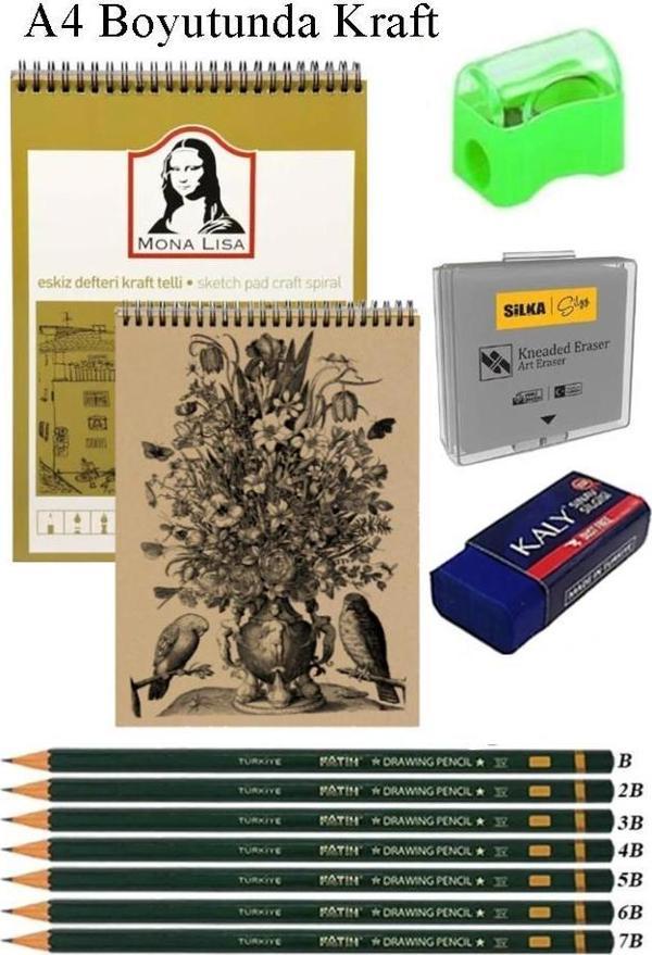 A4 Kraft Eskiz Defteri Spiralli 50 Yaprak Karakalem Çizim Seti Hamur Silgi Fatih Dereceli Kalem Hobi Tasarım Seti Telli - Image 1