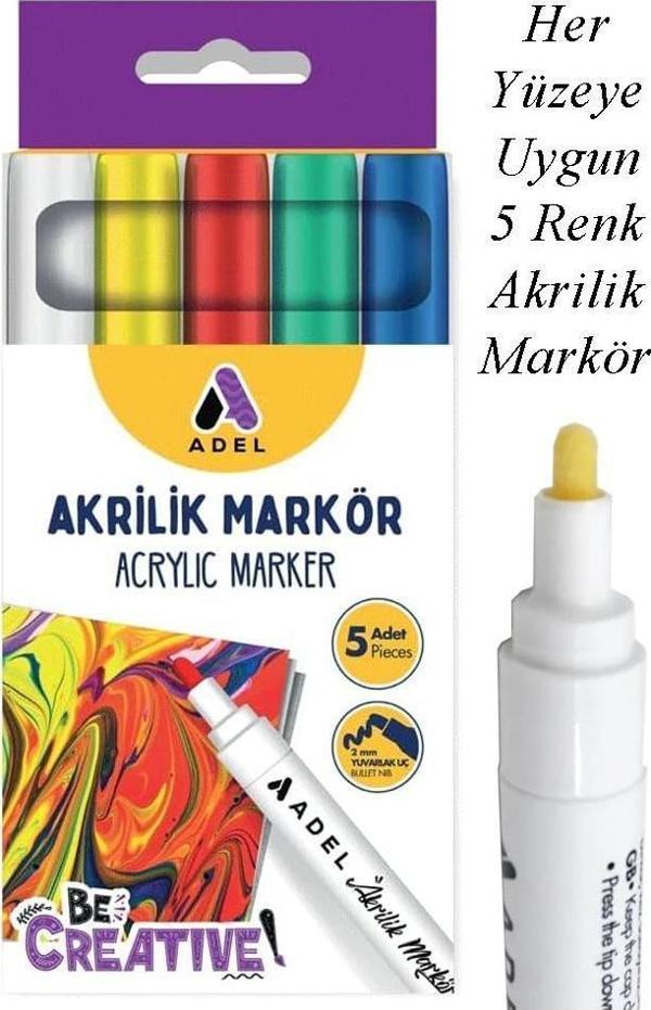 Akrilik Markör Seti 5 Renk 1 Paket 2 mm Yuvarlak Uçlu Akrilik Marker Keçe Uçlu Seramik Ahşap Kumaş Tuval Taş Her Yüzeye - Image 1