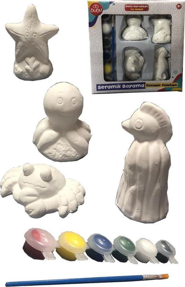 Seramik Deniz Hayvanları Boyama Seti 1 Paket Deniz Hayvanları Boyama Etkinliği Alçı 6 Renk Boya ve Fırça - Image 1
