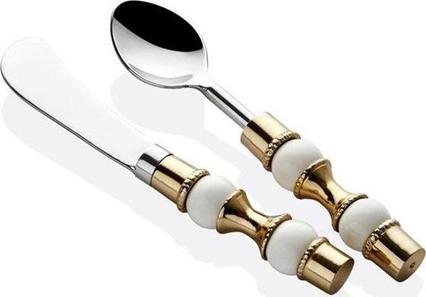White Balls Beyaz Gold 2li Porselen Saplı Tereyağ Seti Kahvaltılık Tereyağ Reçel Bıçağı 15cm - Image 1