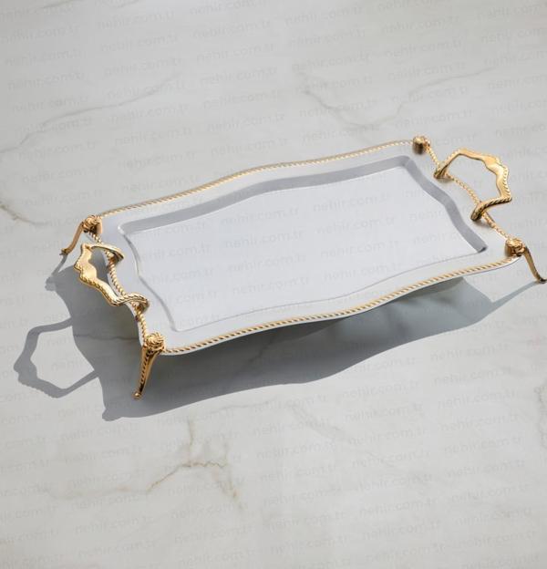 Nehir Zincir Ayaklı Altın Kahve Tepsi - 36x26 Cm - Image 1