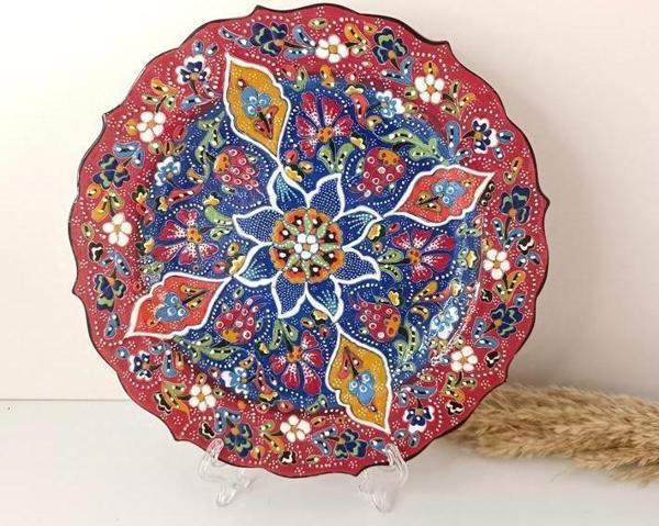 Çini El Yapımı Kabartma Etnik Çiçek Desen Seramik Çini Tabak 26 cm 17160 - Image 1