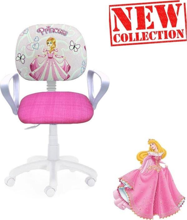 Depolife Çocuk Odası Ders Çalışma Ofis Koltuğu Öğrenci Sandalyesi Prenses Desen Beyaz Tekerli Yükseklik Ayarı - Image 1