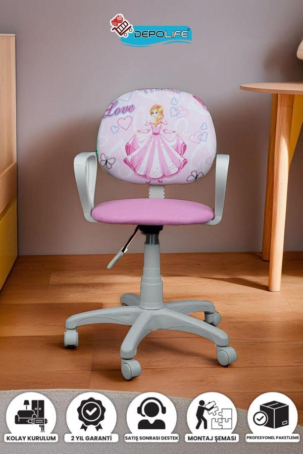 Depolife Çocuk Odası Sandalyesi Ders Çalışma Ofis Koltuğu Öğrenci Sandalye Beyaz Tekerli Yükseklik Ayarlı - Image 1